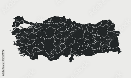 Turkey map with regions, provinces isolated on white background. Outline Map of Turkey. Vector illustration photo