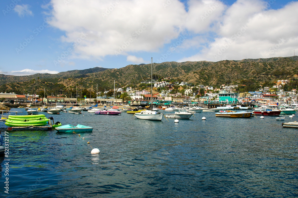 The famous Avalon Harbor, Catalina, California, filled with Boats at their Mooring