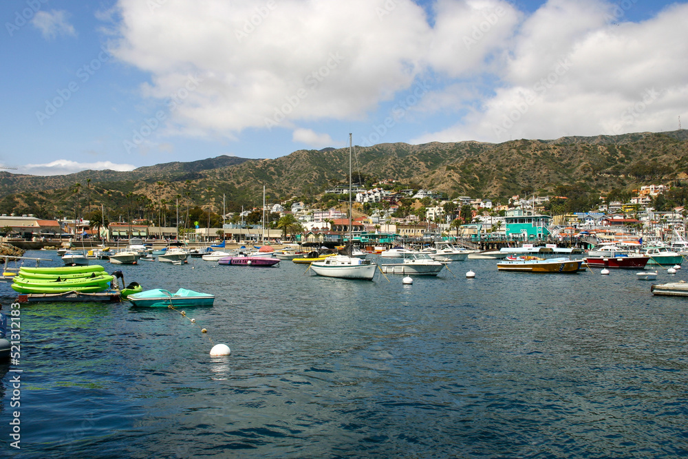 The famous Avalon Harbor, Catalina, California, filled with Boats at their Mooring