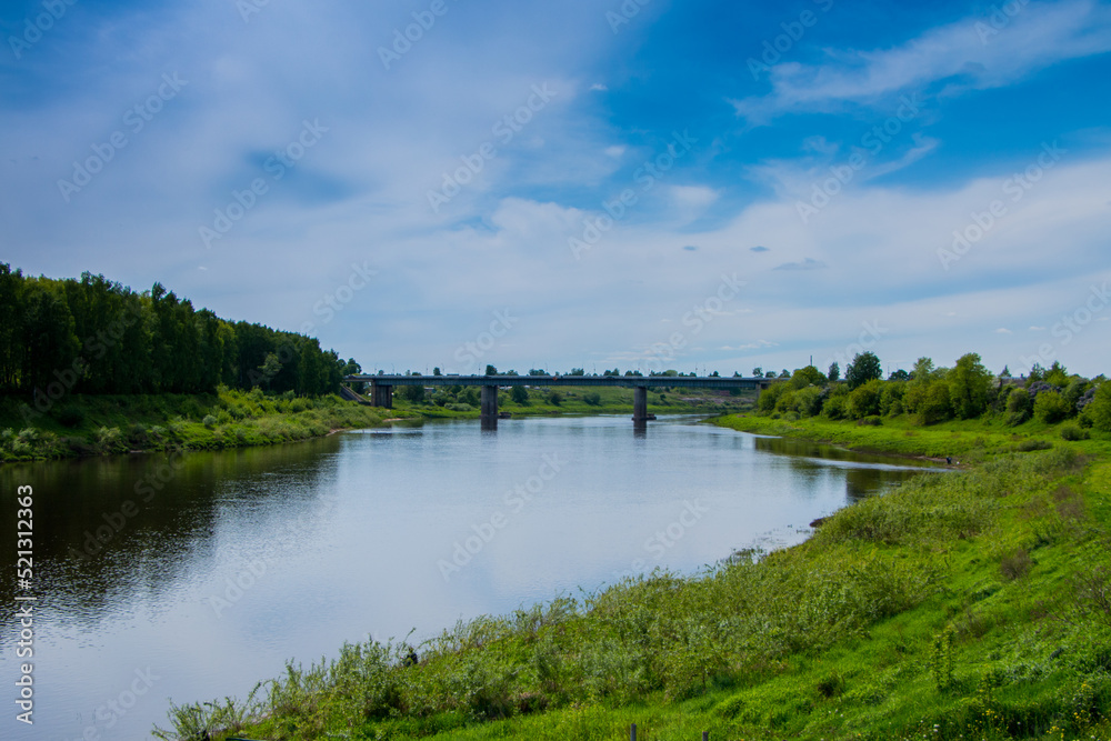 Western Dvina river in the city of Polotsk. Belarus. Beautiful summer landscape.