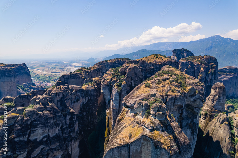 aerial view of Meteora rocks in the sunny weather, Greece. High quality photo