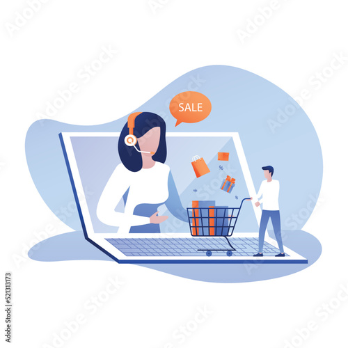 Vector Illustration Inscription Sale Percent. Flyer People make Purchase Seasonal Sales. Men and Women are Buying Goods at Discount on Background Laptop. Man Holding Shopping Bags.