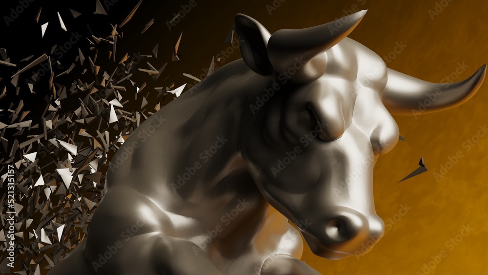 Bronze bull with brown particles in dramatic contrasting light representing financial market trends under yellow-orange background. Concept 3D CG of stock market.