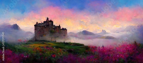 Explore imaginative Scottish castles and ruins in dreamy surrealism, scenic background mountain landscapes in cloudy emotive fog. Enchanted lands and fantasy colors - digital paint stylization series.