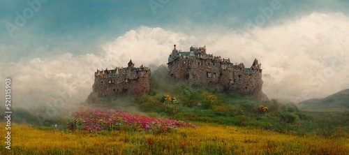 Explore imaginative Scottish castles and ruins in dreamy surrealism, scenic background mountain landscapes in cloudy emotive fog. Enchanted lands and fantasy colors - digital paint stylization series.