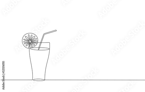 Continuous line drawing of long drink of lemon vodka in front of white background.
Orange juice in a glass with lemon wedges on the glass. Glass of orange drink and lemon slices in doodle style