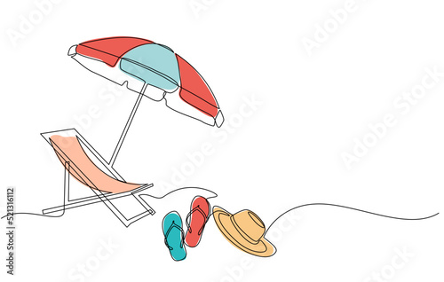 Continuous line drawing of summer vacation concept, sandy beach, beach umbrella, lounge chairs, straw hat and flip flops on tropical beach in single line doodle style. Editable strokes.