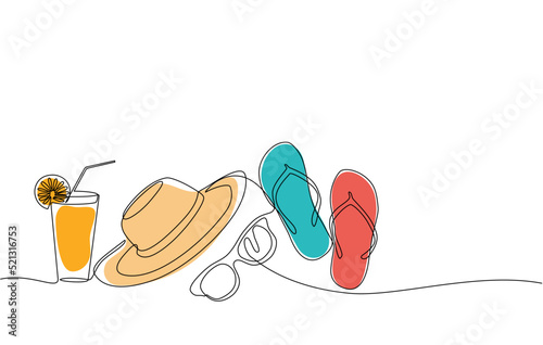 Continuous line drawing of summer vacation concept, sandy beach, beach bag, straw hat, orange drink, sunglasses and flip flops on tropical beach in single line doodle style. Editable strokes.