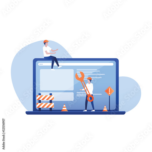 Computer Service and Repair Design Landing Page. Cartoon Technical Support Man Character Works on Repairing Laptop, Hardware or Software. Troubleshooting or Problem Checking. Vector Flat Illustration.