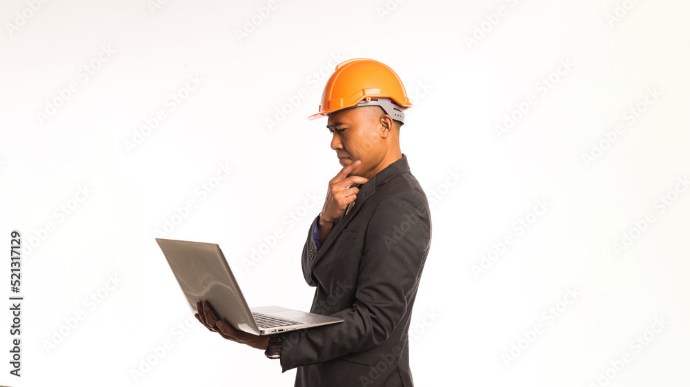 Person Engineer holding laptop, Professional industry work, helmet safety, job construction, management foreman , technology, Banner, Copy space, Isolate background. Person Engineer holding laptop, Professional industry work, helmet safety, job construction, management foreman , technology, Banner, Copy space, Isolate background.