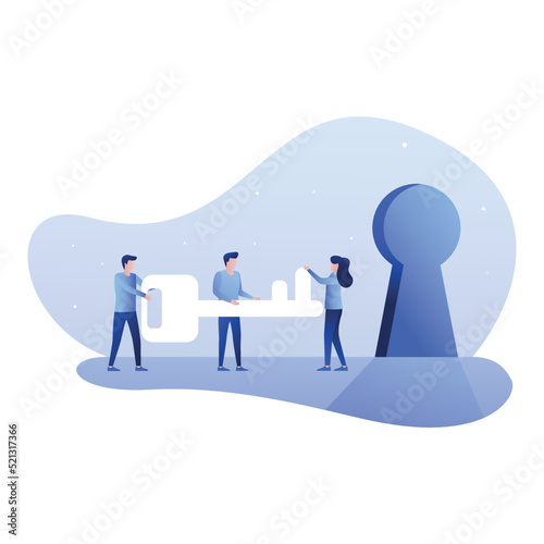 Vector flat illustration of business team cartoon characters going together with big key in raised hands to unlock a lock. Business solution, key to success concept for web banner, webpage.