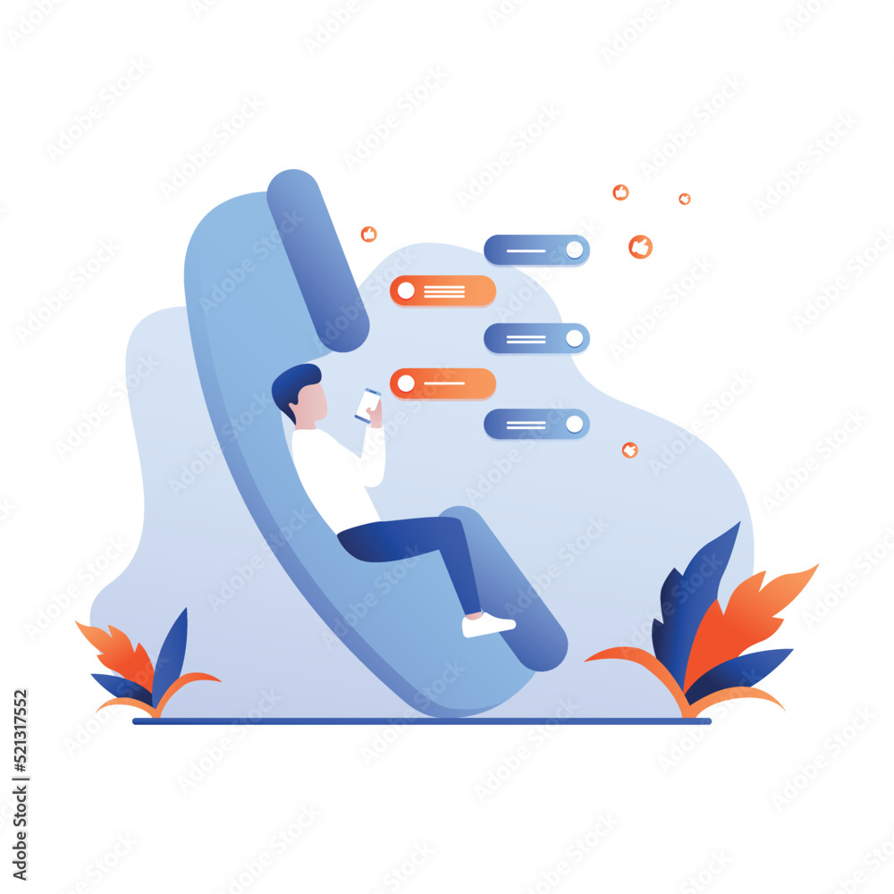 Woman sitting on the phone and answering questions. Concept call center. Online customer service landing page website illustration vector flat design. Woman sitting on the phone and answering questions. Concept call center. Online customer service landing page website illustration vector flat design.