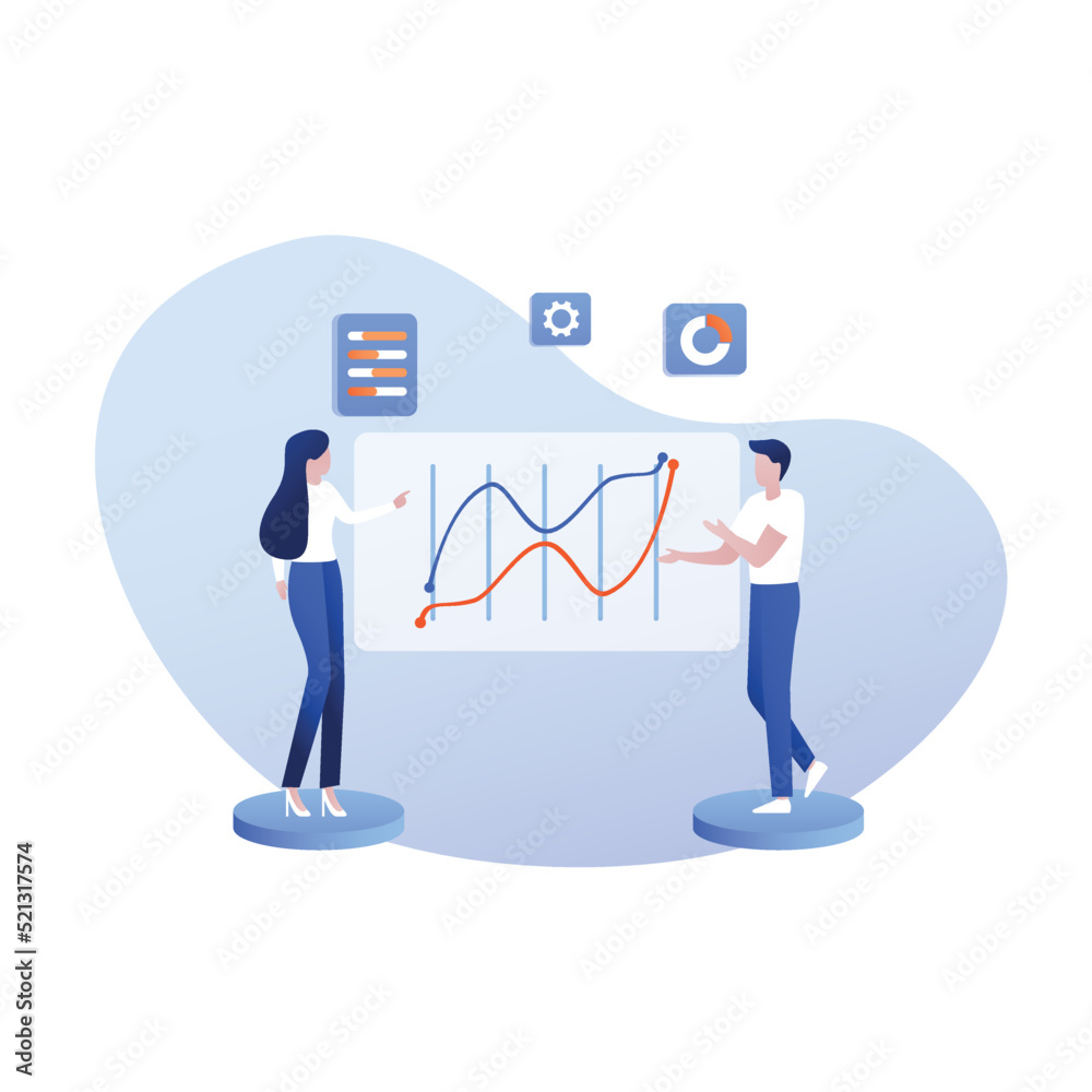 Auditing, business analysis concept with characters. Concept of opportunities. Graphic and audit documentation, economic analysis financial budget. Illustration Flat vector background. Auditing, business analysis concept with characters. Concept of opportunities. Graphic and audit documentation, economic analysis financial budget. Illustration Flat vector background.