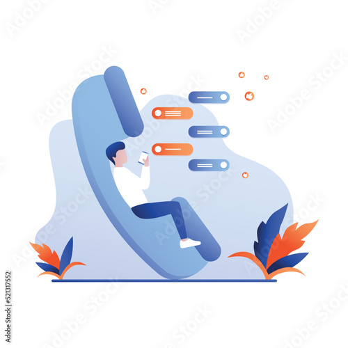 Woman sitting on the phone and answering questions. Concept call center. Online customer service landing page website illustration vector flat design.