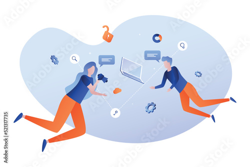 Landing page template with man and woman holding bullhorn. Digital marketing, SMM, website content promotion on Internet and social media. Creative flat vector illustration for service advertisement.