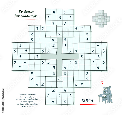 Big size Sudoku for smartest. Logic puzzle game. Write the numbers in empty places so that each straight line in each square contains different signs from 1 to 5. Page for kids brain teaser book.