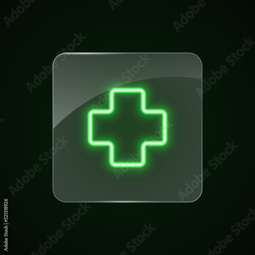 Pharmacy neon glass icon. Green neon sign on dark background. Best for polygraphy, mobile apps and web design.