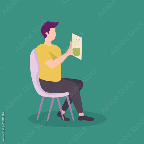 Vector illustration background of young happy business man holding coffee mug while reading tabloid headline news at hotel lobby. Relax drinking tea concept. Graphic design vector illustration