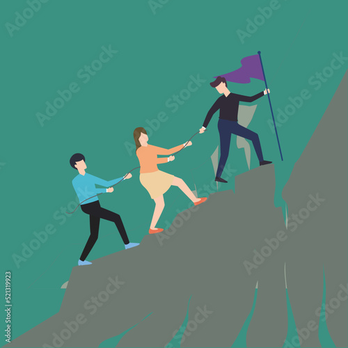 Vector illustration background of male and female team member stick together follow their leader who holds flag to reach the top of the hill. Teamwork concept Graphic design vector illustration