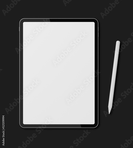3D illustration Top view mock up digital tablet with white screen and stylus pen on black background