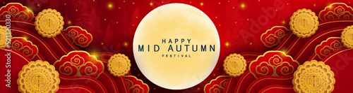 Mid Autumn festival with rabbit and moon, mooncake ,flower, chinese lanterns with gold paper cut style on color Background. ( Chinese Translation : Mid Autumn festival )
