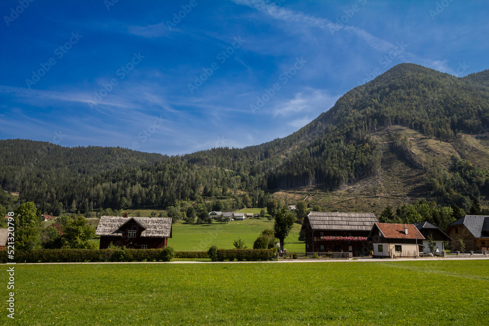 Typical agricultural landscape with a wooden barn and farms in a middle of a field with a grass pasture meadow in Bohinj, Slovenia, in the Julian Alps. it is a landmark of slovenian rural activity
