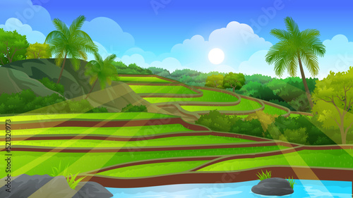 Rice field Terraces with river flowing beside, Beautiful nature rural landscape