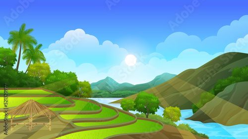 Beautiful nature rural landscape, Rice field Terraces with river, mountain and flourishing tropical forest