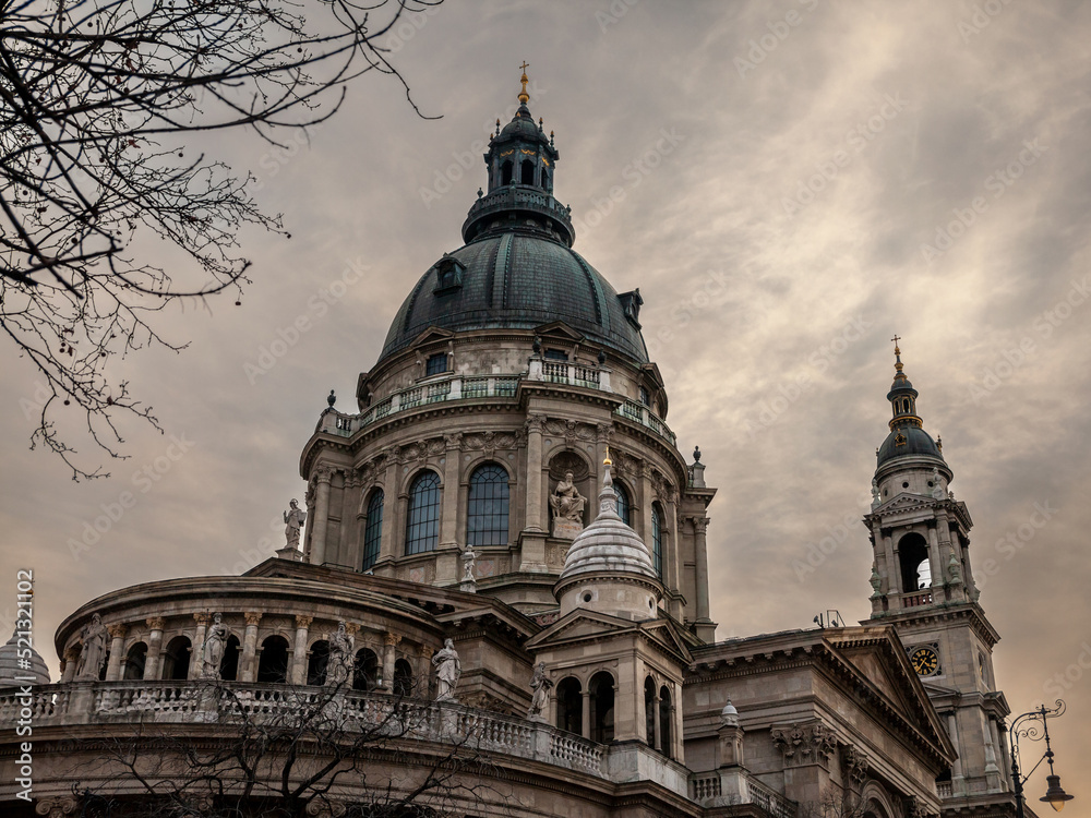 Szent Istvan Basilica, aka Saint Stephen Church taken during sunset from behind. This Basilica is famous for being one of the greatest landmarks of the city center of Budapest, Hungary.....