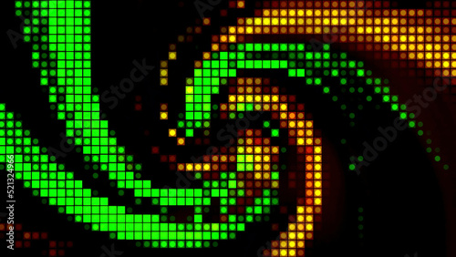 Abstract pixelated motion graphics background, seamless loop. Design. Top view of spinning tornado with retro effect.