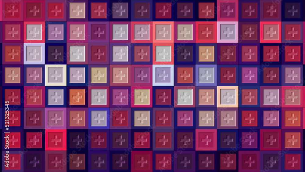 Abstract pink and purple squares with medical crosses shimmering randomly. Motion. Plus sign inside of square shapes, seamless loop.