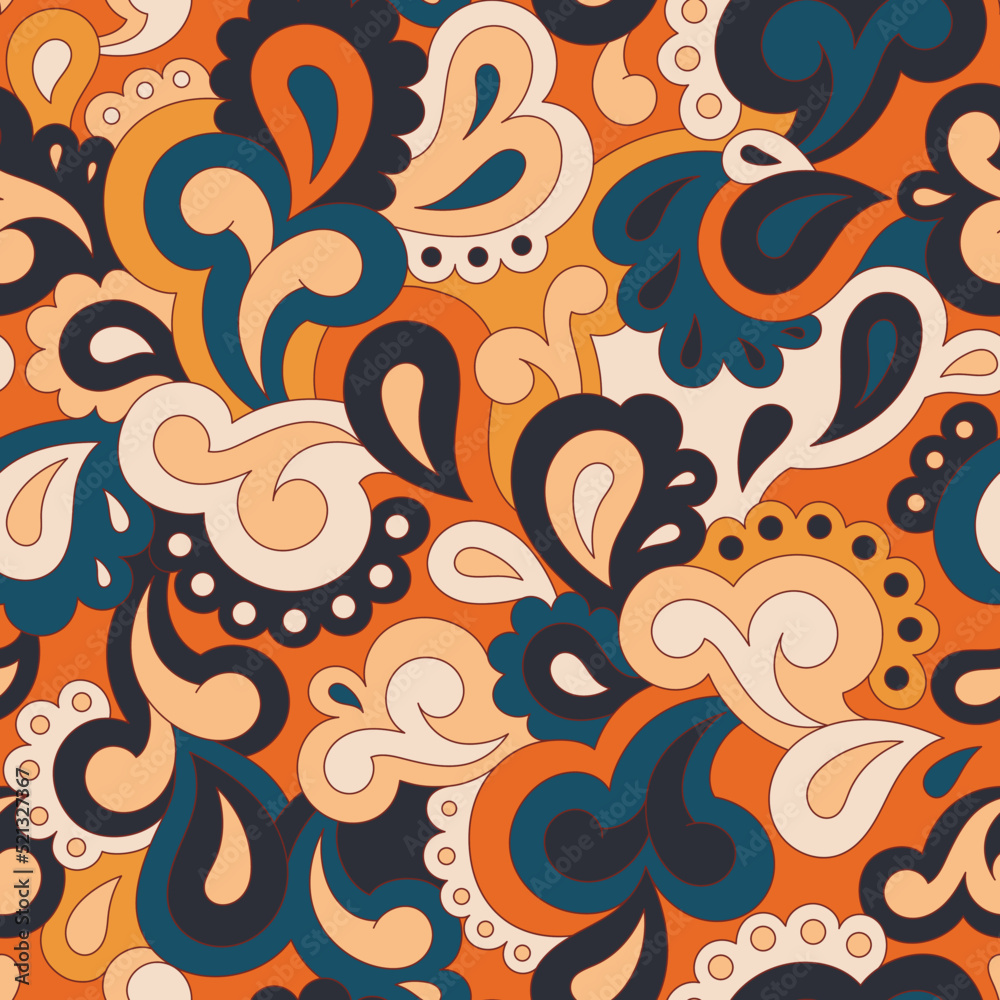 Retro seamless pattern. Swirls and paisley elements in boho design. Hippie psychedelic vector background. Colorful abstract vintage vector print. Summer groovy textile design