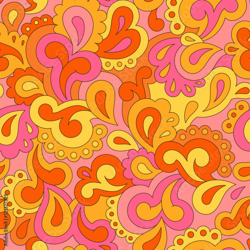 Retro seamless pattern. Swirls and paisley elements in boho design. Hippie psychedelic vector background. Colorful abstract vintage vector print. Summer groovy textile design