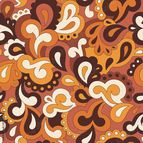 Retro seamless pattern. Swirls and paisley elements in boho design. Hippie psychedelic vector background. Colorful abstract vintage vector print. Summer groovy textile design