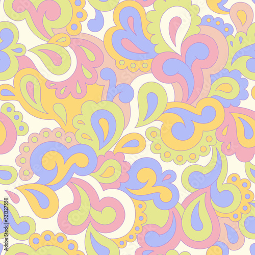 Retro seamless pattern. Swirls and paisley elements in boho design. Hippie psychedelic vector background. Colorful abstract vintage vector print. Summer groovy textile design