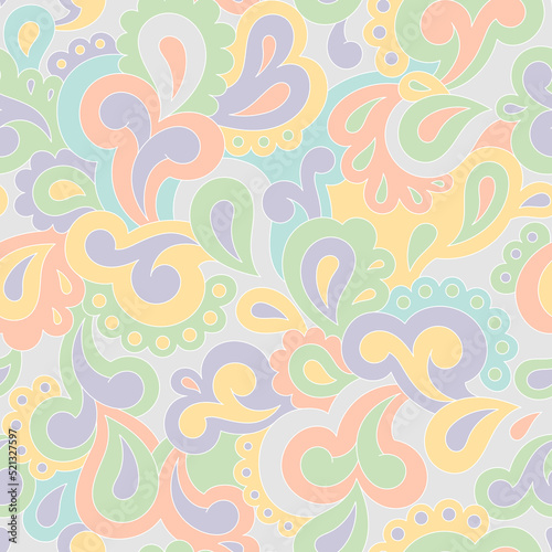 Retro seamless pattern. Swirls and paisley elements in boho design. Hippie psychedelic vector background. Colorful abstract vintage vector print. Summer groovy textile design