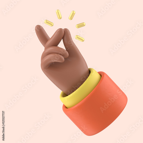 Cartoon hand with dark blue sleeves showing snap gesture with a gold sound, light skin tone, isolated on yellow background, 3D rendering photo