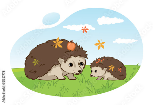 Hedgehogs at field. Mother and children in nature. Forest dwellers with leaves and apples. Nature and fauna. Characters on grass, poster or banner for website. Cartoon flat vector illustration