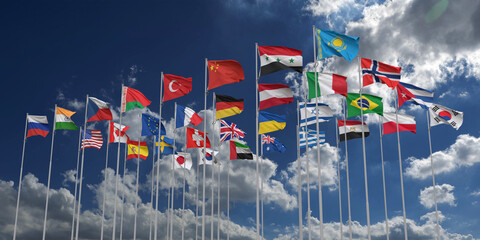 Flag waving global international around world europe america national blue sky business economy agreement outdoor patriotism canada united state america community celebration festival map government 