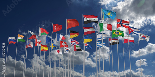 Flag waving global international around world europe america national blue sky business economy agreement outdoor patriotism canada united state america community celebration festival map government 