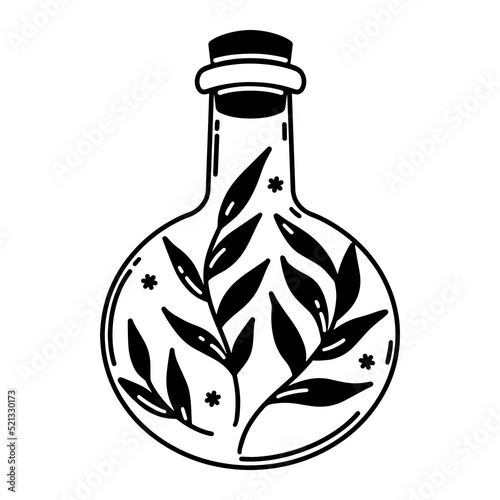 Glass bottle with plant branches vector icon. Flask with flower elixir. Vintage illustration isolated on white. Black outline, glassware sketch. Symbol of witchcraft, alchemy, magic.For cosmetics, spa