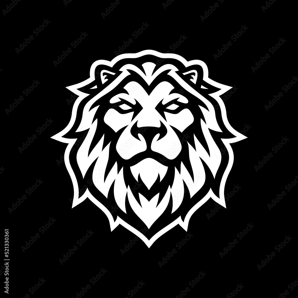 Lion head mascot logo design. Line art vector illustration on dark background