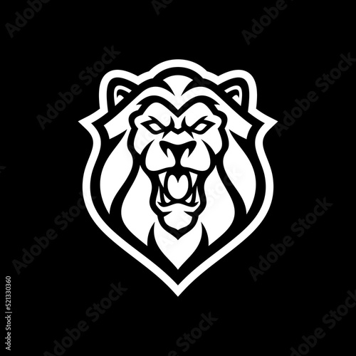 Fototapeta Naklejka Na Ścianę i Meble -  Angry lion head and shield emblem logo design. Line art vector illustration