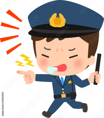 ホイッスルを鳴らし警棒を持って走る警察官