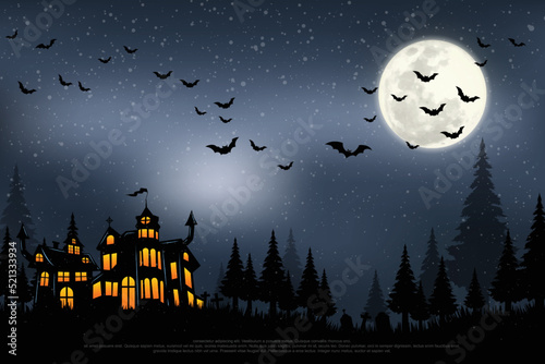 Castle, haunted house and ghost hands, tomb on full moon night. illustrator Vector Eps 10.