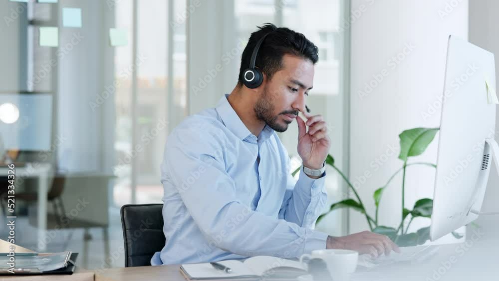 Call center agent answering calls in the office and consulting online via video call at his workplace. Latino American customer service or helpdesk employee advising on a virtual sales meeting Call center agent answering calls in the office and consulting online via video call at his workplace. Latino American customer service or helpdesk employee advising on a virtual sales meeting