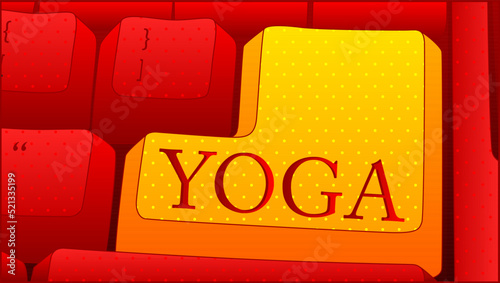 Computer Keyboard with Yoga text. Close-up of an electronic Computer Device part, keypad.