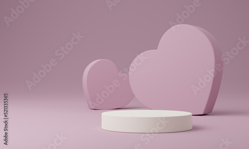 Cosmetic round podium or pedestal with heart on pink background, Abstract product display podium, 3d rendering studio with geometric shapes, Stand to show products background © DN6