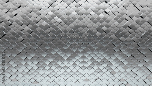 Polished, Silver Wall background with tiles. Luxurious, tile Wallpaper with Arabesque, 3D blocks. 3D Render photo