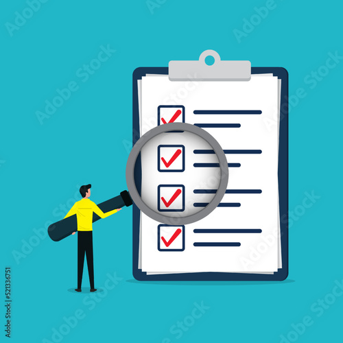 Man checklist document on clipboard with magnifying glass.